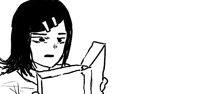 Image of a confused Nancy reading a book