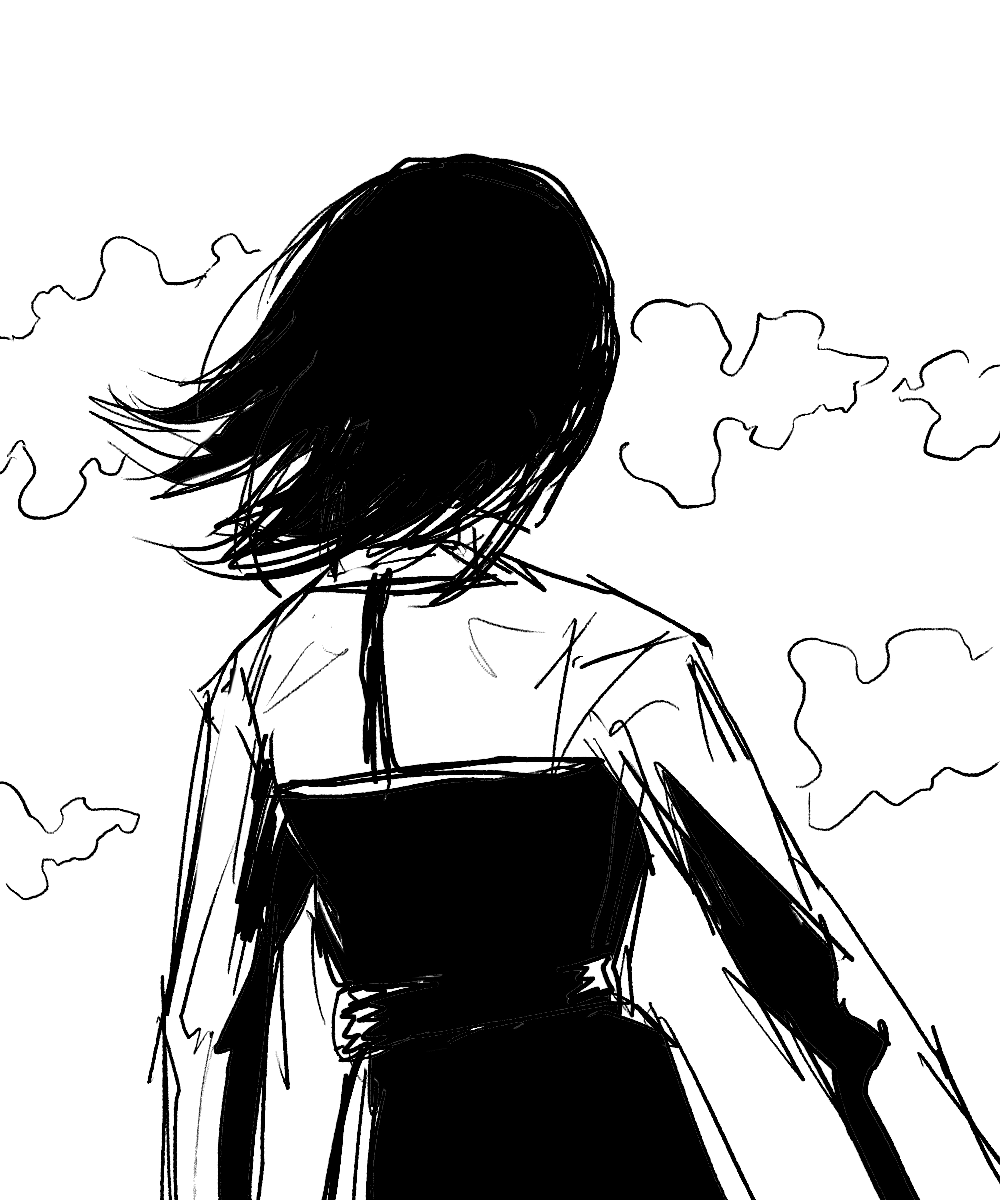 An image of Nancy from behind, gazing at the clouds